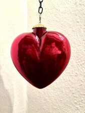 Cherry Red Shiny Kugel Glass Heart Bauble -7” In Perfect Condition
