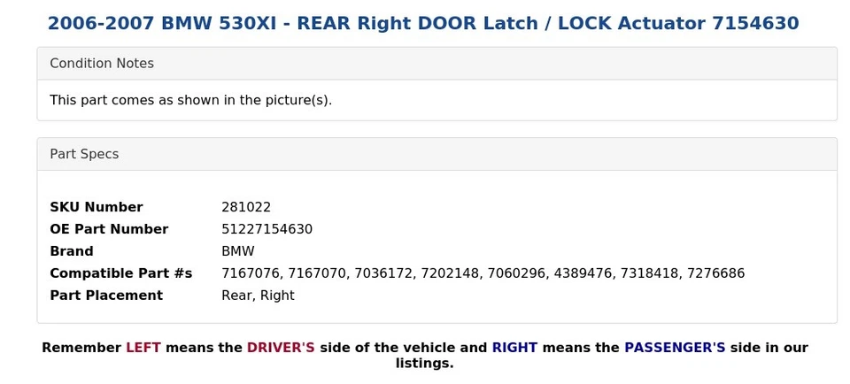 2006-2007 BMW 530XI - REAR Right DOOR Latch / LOCK Actuator 7154630 - Image 3 of 3