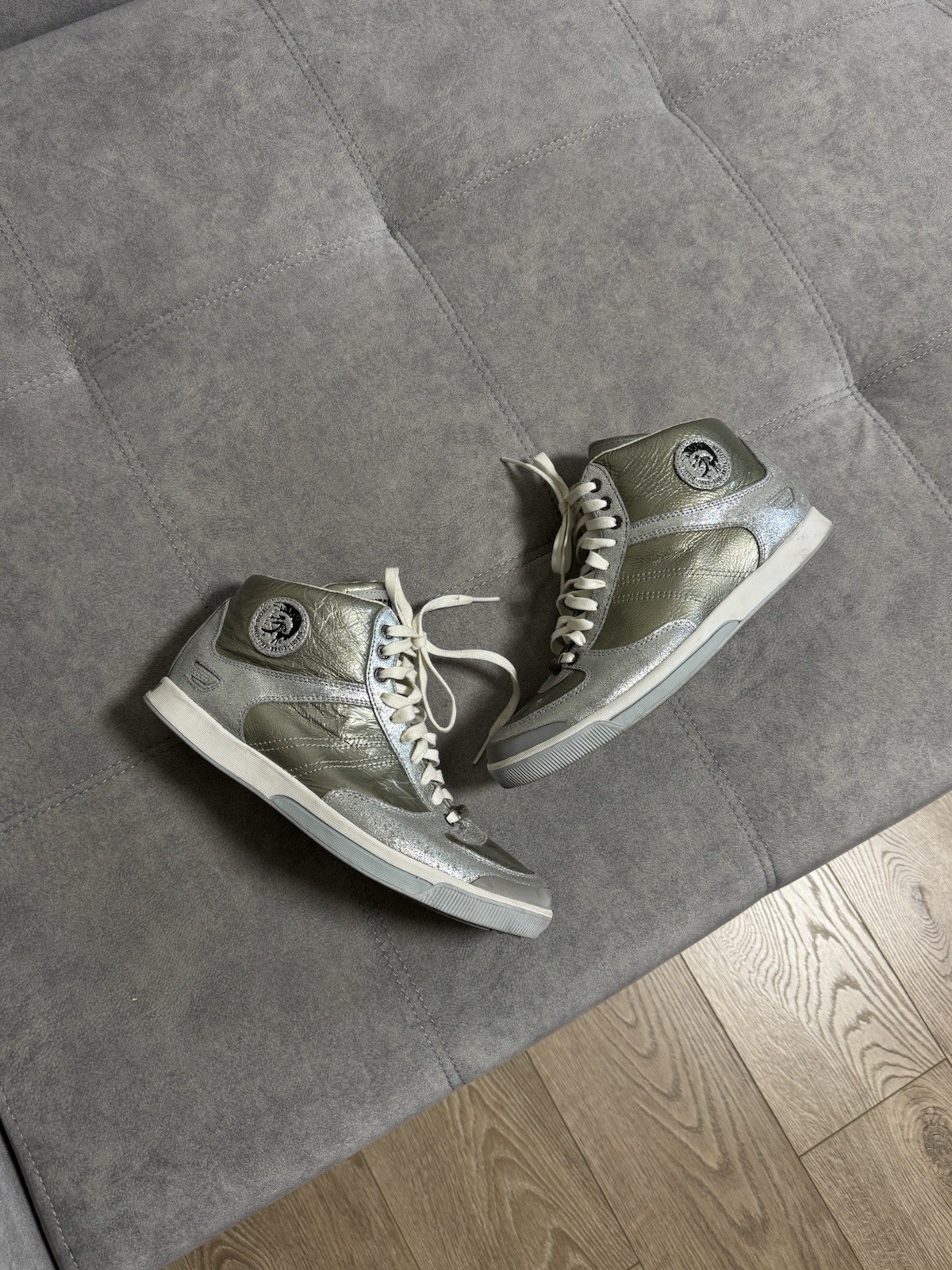 Vintage Diesel Y2K Silver Hi-top Sneakers Shoes Women’s 39 8.5 25.5 Avant Garde thumbnail 2