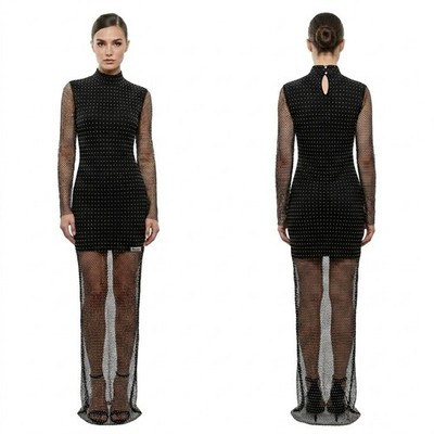 Bebe Womens Rhinestone Fishnet Mesh Maxi Dress Black SALT1882K Size L NEW