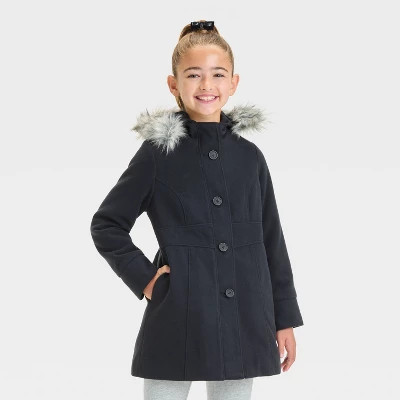 Girls' Solid Faux Fur Jacket - Cat & Jack Black M - Picture 1 of 2