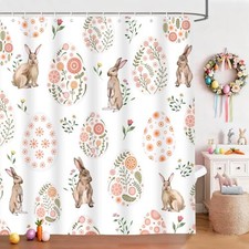 Easter Shower Curtain Bunny Floral Bath Curtains Fabric Waterproof Spring