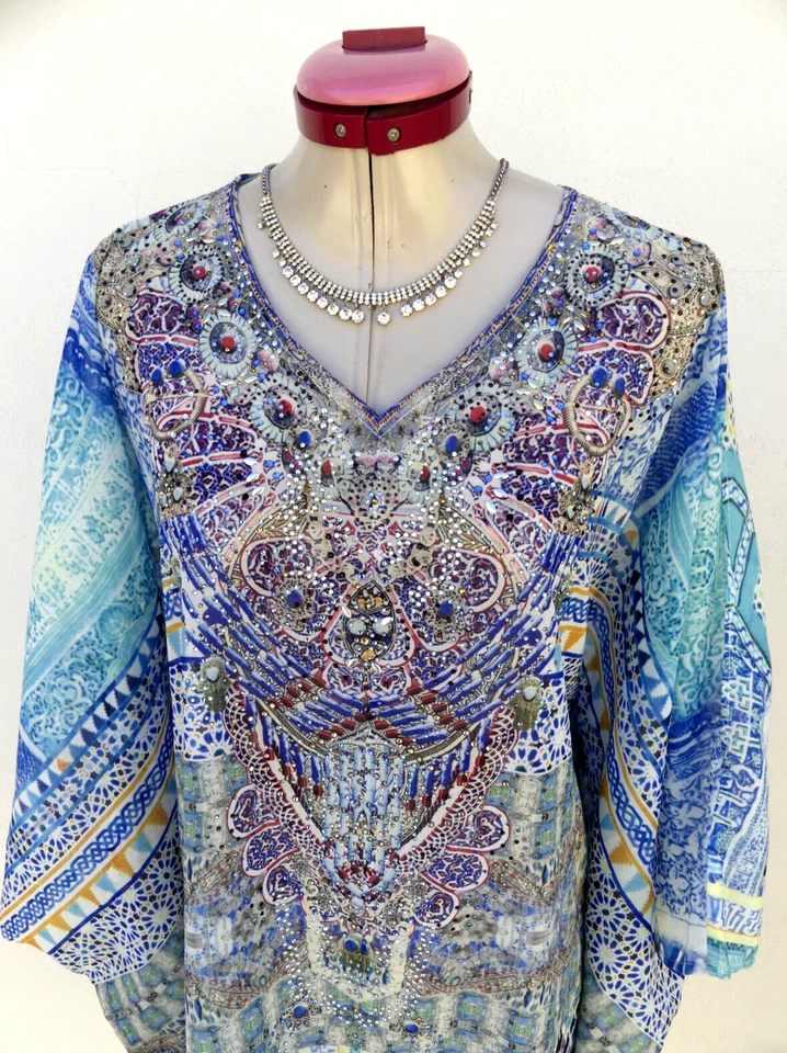 CLARITY by THREADZ Blue White TOP Size S Aus 10 - 18 Kaftan Boho Embellished - image 3 of 4