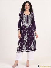 Purple Rayon Chikankari Straight Kurta, Lucknowi Chikan Hand-Embroidered Top