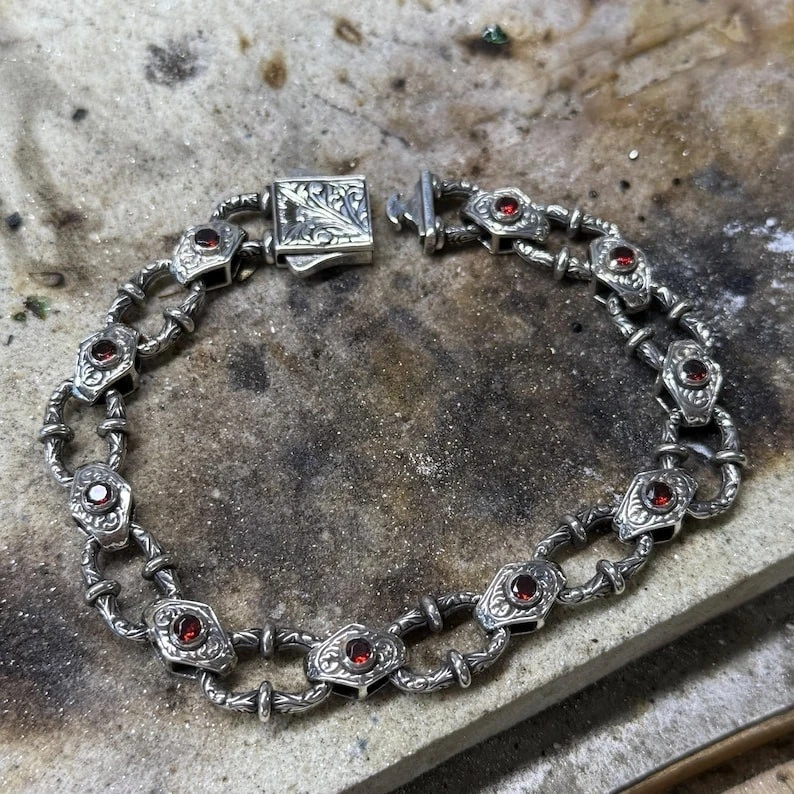 Men Silver Ruby Hand-Engraved Bracelet, Red Ruby Gemstone Chain Bracelet - Image 4 of 4