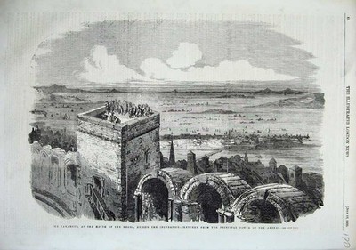 Original alter antiker Druck 1856 Mündung Fluss Rhone Überschwemmungen Hauptturm Arenenen