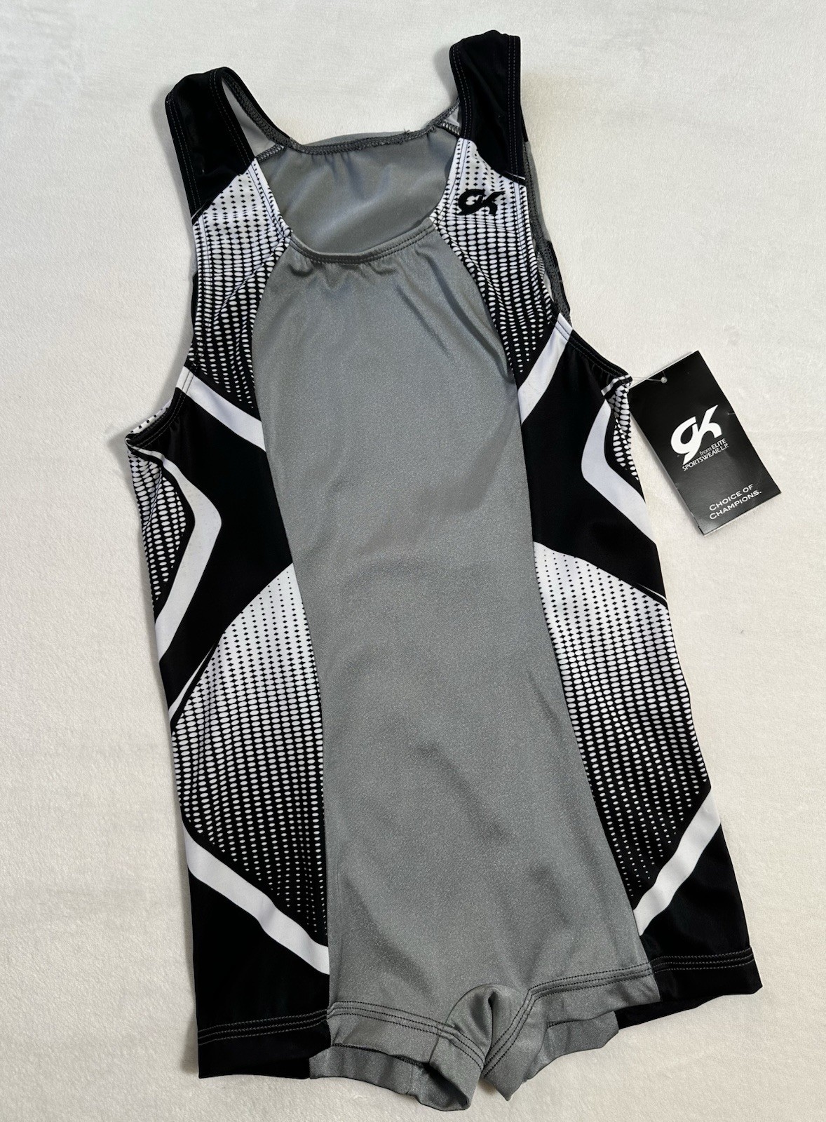 New GK ELITE Gymnastics Leotard SINGLET Leo USA Boy/Mens GRAY White Bodysuit  AS