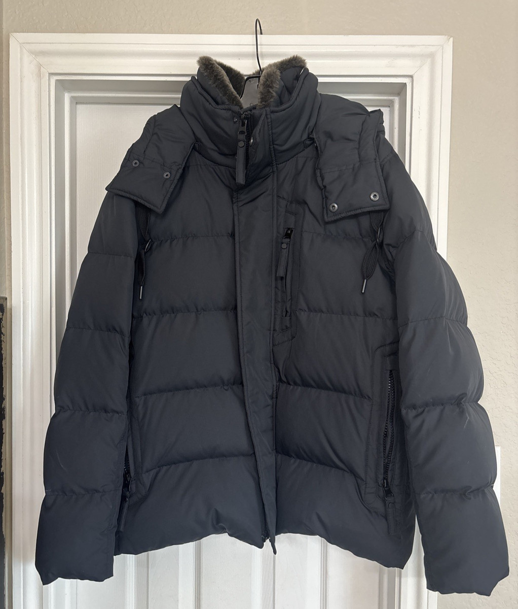 Andrew Marc New York Horizon Down & Feather Mens Coat Sz LG Faux Fur Collar EUC
