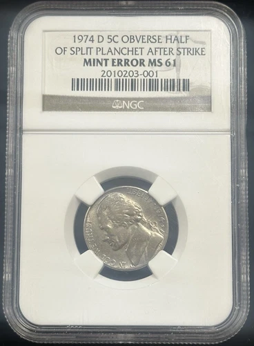 1974 D Jefferson Nickel Obverse Half Of Split Planchet After Strike NGC MS61 