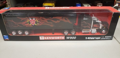 NEW RAY KENWORTH W900 1:43RD SCALE TRACTOR TRAILER FLAME DEVIL 3 AXLE TRAILER