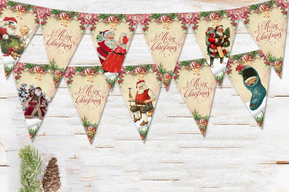 Традиционный деревенский цветочный Рождество Санта флаги и ленты - 3 м/12 флаги - Изображение 4 из 4
