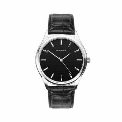 SEKONDA Uhr 1532 Herren Schwarz Kroko Stil Armband UVP 39,99£