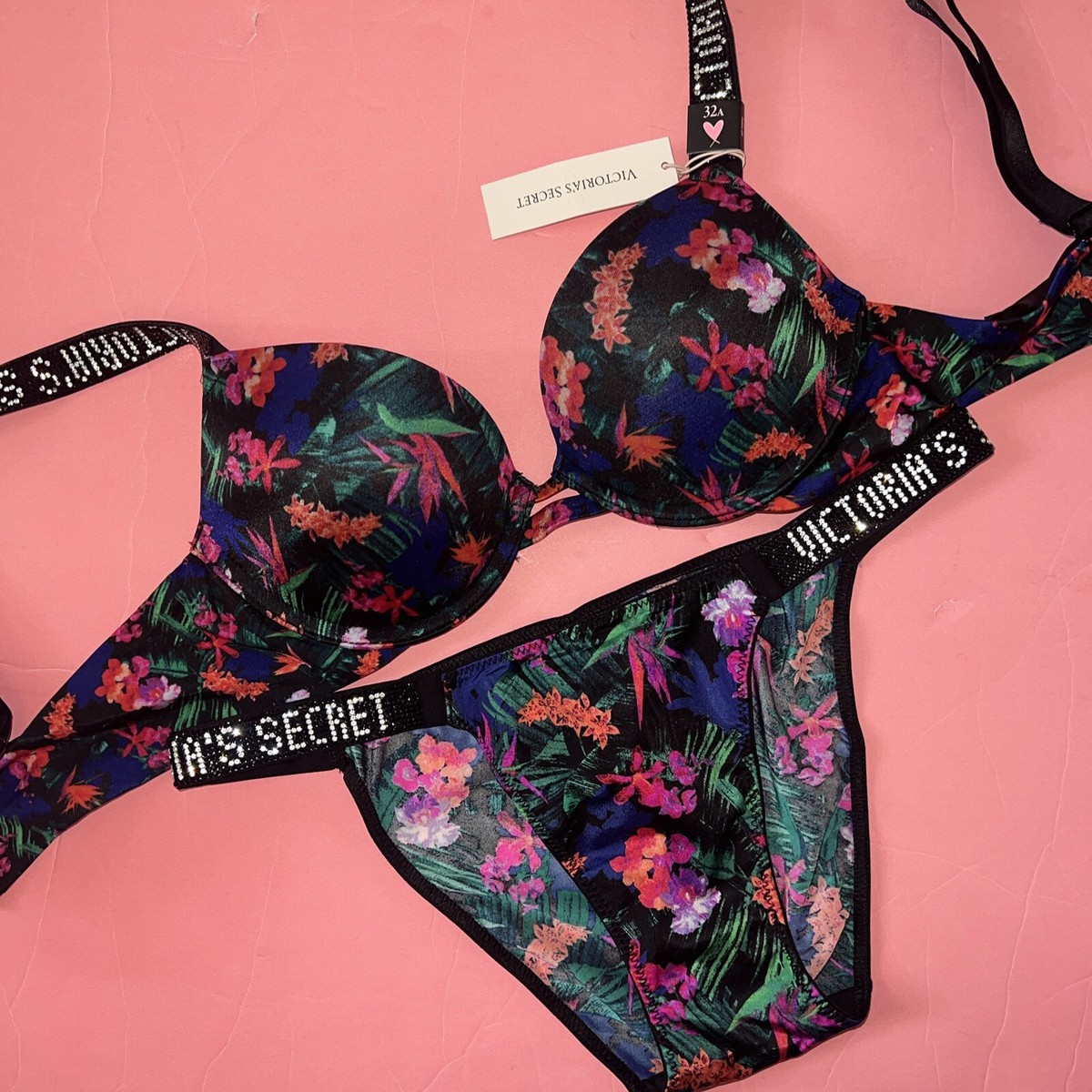 Victoria's Secret 32A BRA SET S panty Black Pink Blue Green Floral