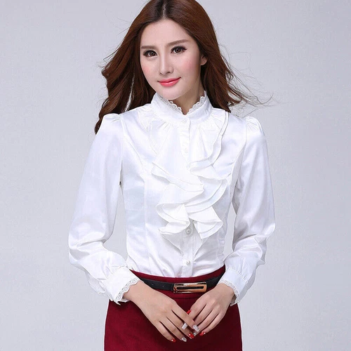 Women Ruffle Shirt Button Blouse Workplace Interview Top Long Sleeve Elegant - Picture 16 of 26