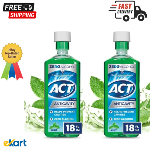 ACT Anticavity Fluoride Mouthwash With Zero Alcohol, Mint, 18 fl. oz.pack 2