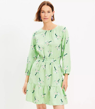 Loft womens size M Linen Blend Tiered Balloon Sleeve Green Dress pullover floral