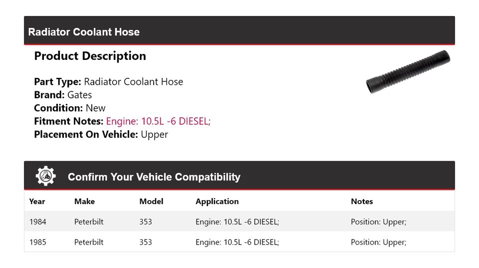 For 1984-1985 Peterbilt 353 10.5L -6 DIESEL Radiator Coolant Hose Upper Gates - Image 2 of 4