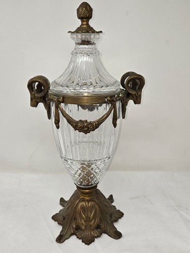 ANTIQUE FRENCH CRYSTAL & BRONZE CASSOLETTE URN W/RAM'S HEAD HANDLES 18"