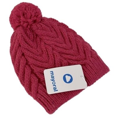 Mayoral Girls Raspberry Pink Wool Knit Pom-Pom Hat Size 12 NWT