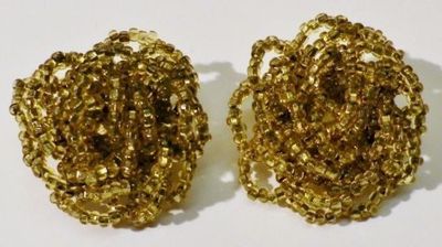 Boucles D'oreilles Clips Vintage – Motif Rosace Et Petites Perles Couleur Or – Bijou Ancien *3451