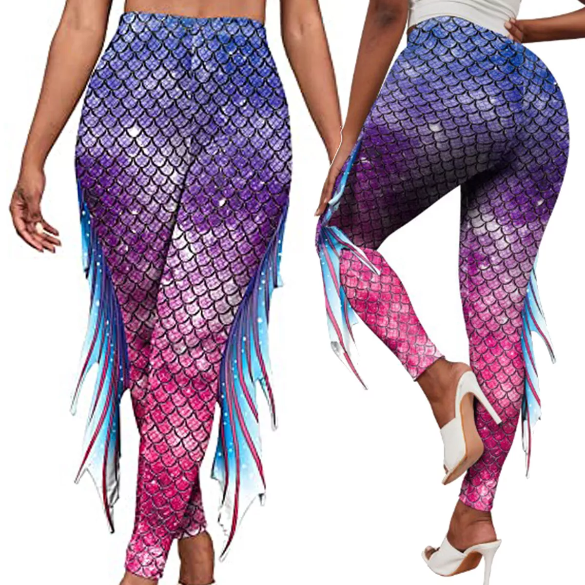 Women Mermaid Leggings Fish Scale Fins Yoga Pants High Waist Costume  Trousers