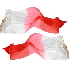 1 Pair 16 Fan Folding Belly Dance Silk Fan Veil 59", White Light Red Bright Red