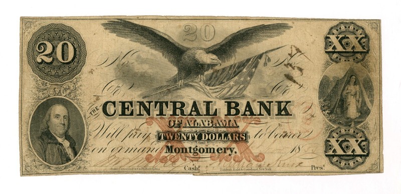 1855 $20 The Central Bank - Montgomery, ALABAMA Note