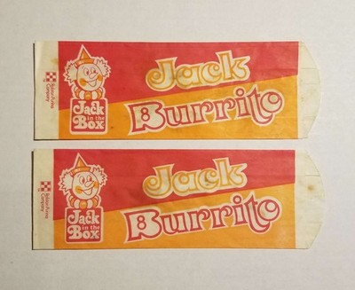 Two Used 1970s Jack in the Box Hamburgers Restaurant Jack Burrito Sleeves