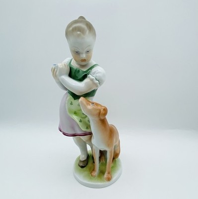 Herend Porcelain Figure #5429 8.25  Little Jealous Girl w/ Pointer Dog Hungary