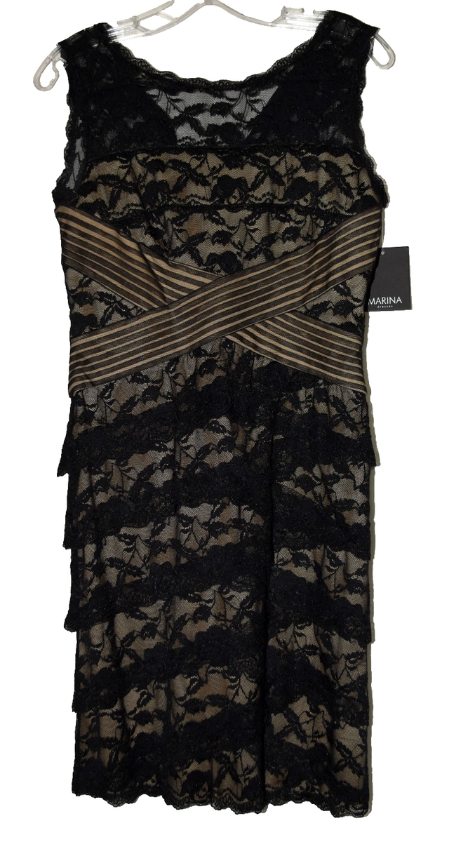Marina Black w Floral Lace Layered Womens Lined Dress Size 4P NWT