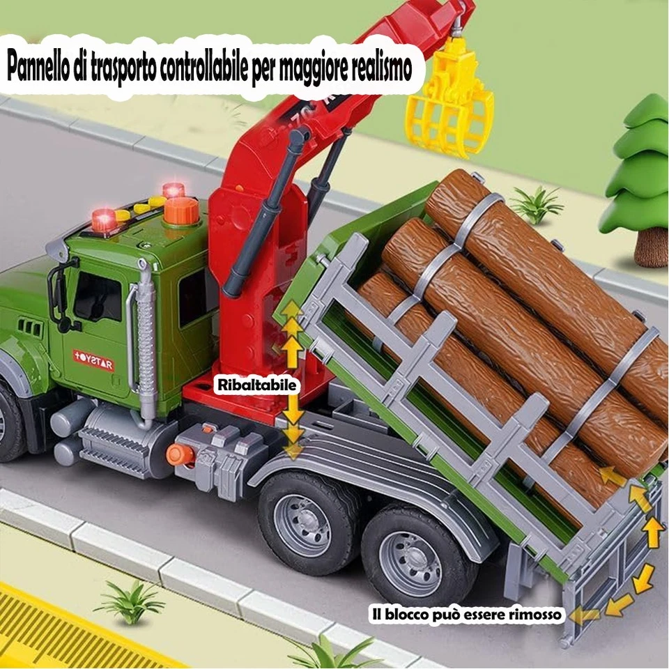 Camion Giocattolo con Tronchi Legno e Gru Veicolo Gioco per Bambini Idea Regalo - Immagine 3 di 4