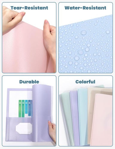 SUNEE 3-Prong Plastic Folders with Pockets (6 Pack, Pastel Multicolored 2 - Picture 4 of 7
