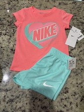 Nike Toddler Girl 2 Piece Top Mesh Shorts Set Coral, Mint Green, White Heart 4t