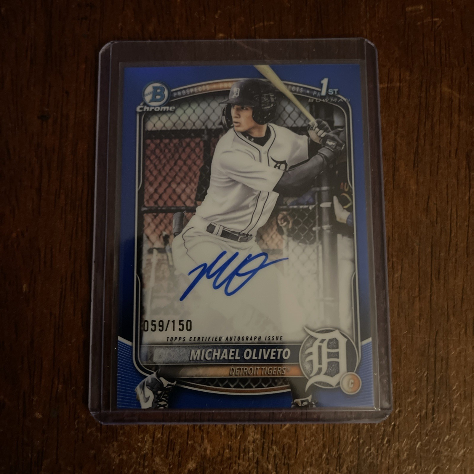 2025 Bowman Draft Michael Oliveto Chrome Auto Blue Refractor 1st #/150 Tigers