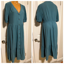 TIME TRU BLUE GREEN GAUZY COTTON BUTTON DOWN W/ RUFFLE DRESS SZ L 12-14