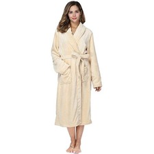 Rongtai Plush Bathrobe, Women's Size S, Beige Fleece Robe with Pockets NWT
