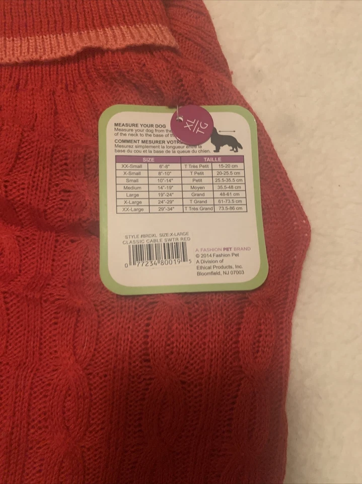 NUEVO SUÉTER PARA PERROS ~ROJO CON CABLE RIBETE ROSA CUELLO ALTO - TALLA XL ~ NUEVO CON ETIQUETAS - DÍA DE SAN VALENTÍN Foto 4 de 4