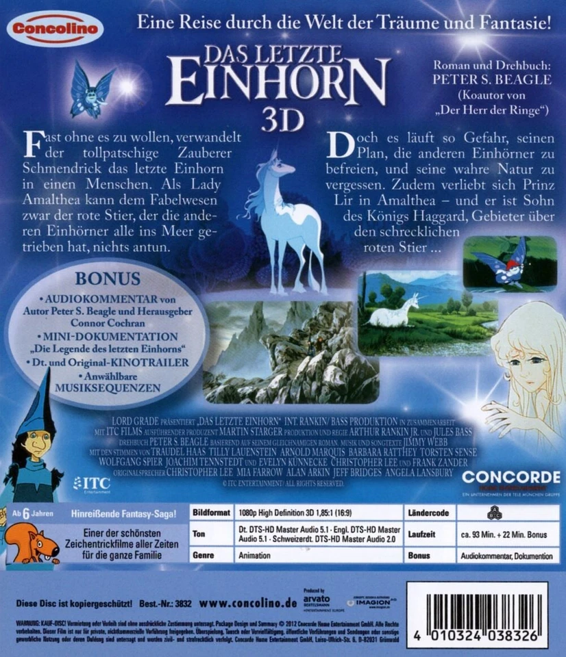 The Last Unicorn (1982) 3D Blu-Ray NEW (German Package has English Audio) Foto 2 de 2