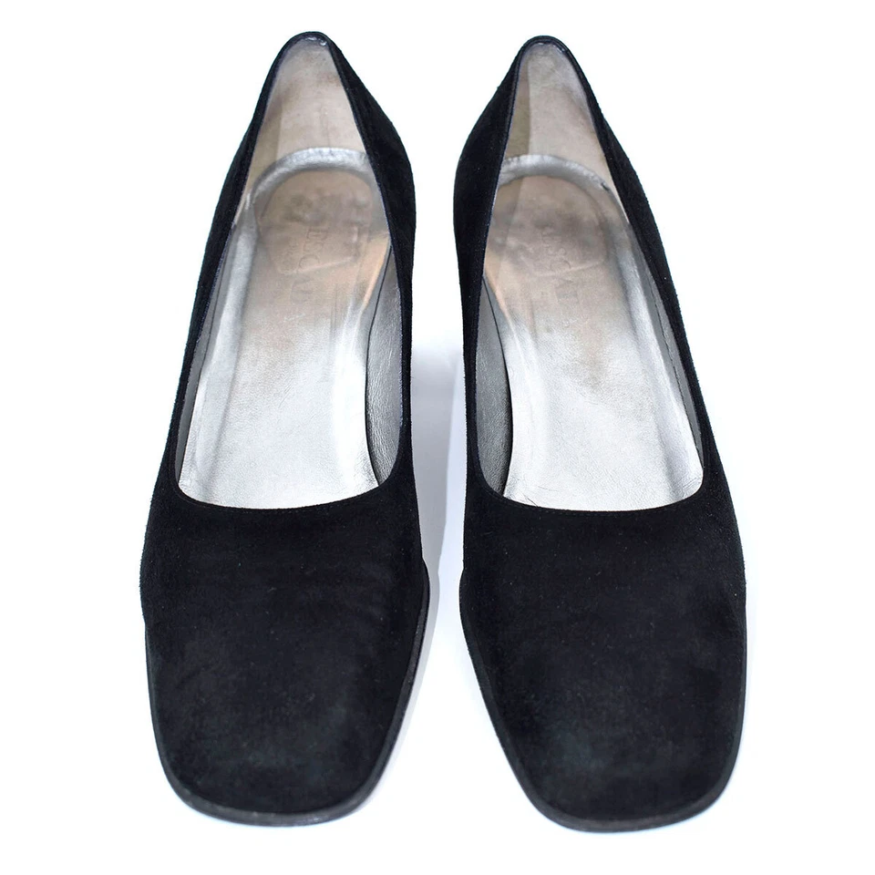 Zapatos de tacón alto Escada $260 negros de gamuza/patente de cuero bloque bajo talla 9,5 M Foto 3 de 4