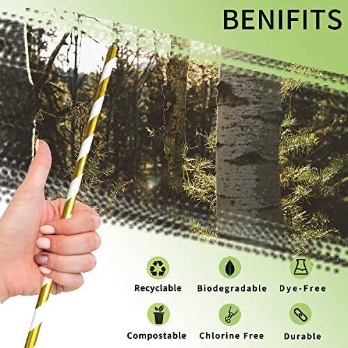 100 Pack Metallic Foil Gold Striped Paper Straws Party Gold and White Striped - Picture 4 of 8