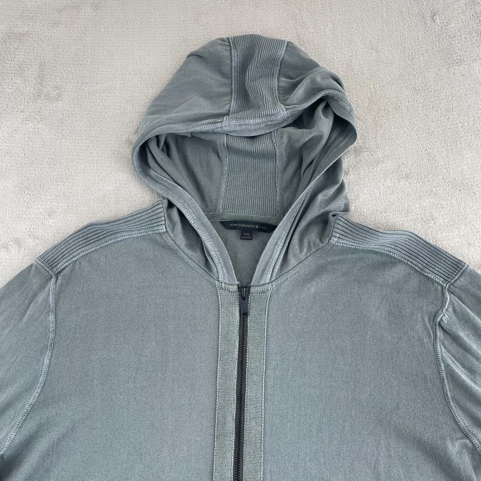 John Varvatos EE. UU. Sudadera con Capucha Hombres 2XL Gris Tejido Cremallera Completa Parches en el Codo Diseñador Rock Foto 3 de 4