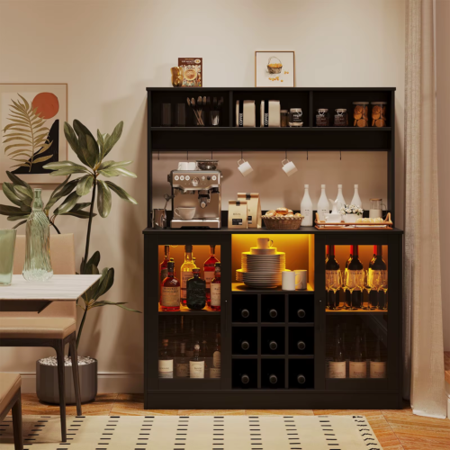 LED Bar Wine Cabinet Liquor Coffee Bar Power Outlet Buffet Storage