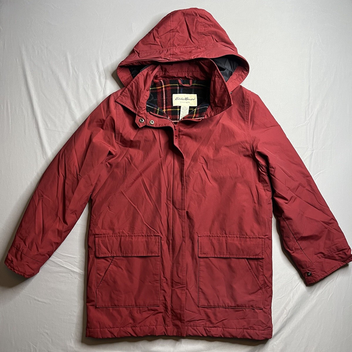 Eddie Bauer Jacket Mens Small Red Nylon-Plaid Fleece Lined Winter