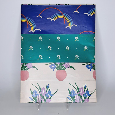 3 Sheets 1980's CLEO Gift Wrapping Paper 29.5'' Rainbows Flowers Green Blue Mauve