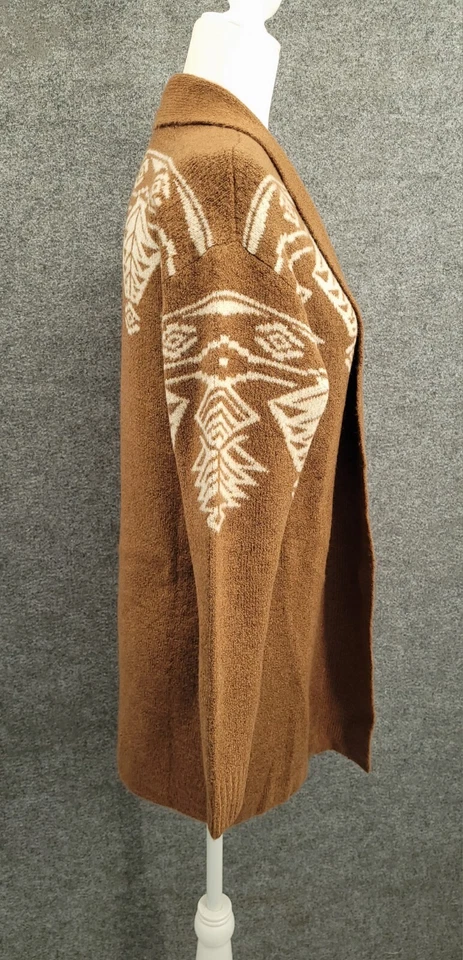 Cárdigan Denim & Co para mujer XS frente abierto chal cuello marrón tejido azteca Foto 2 de 4