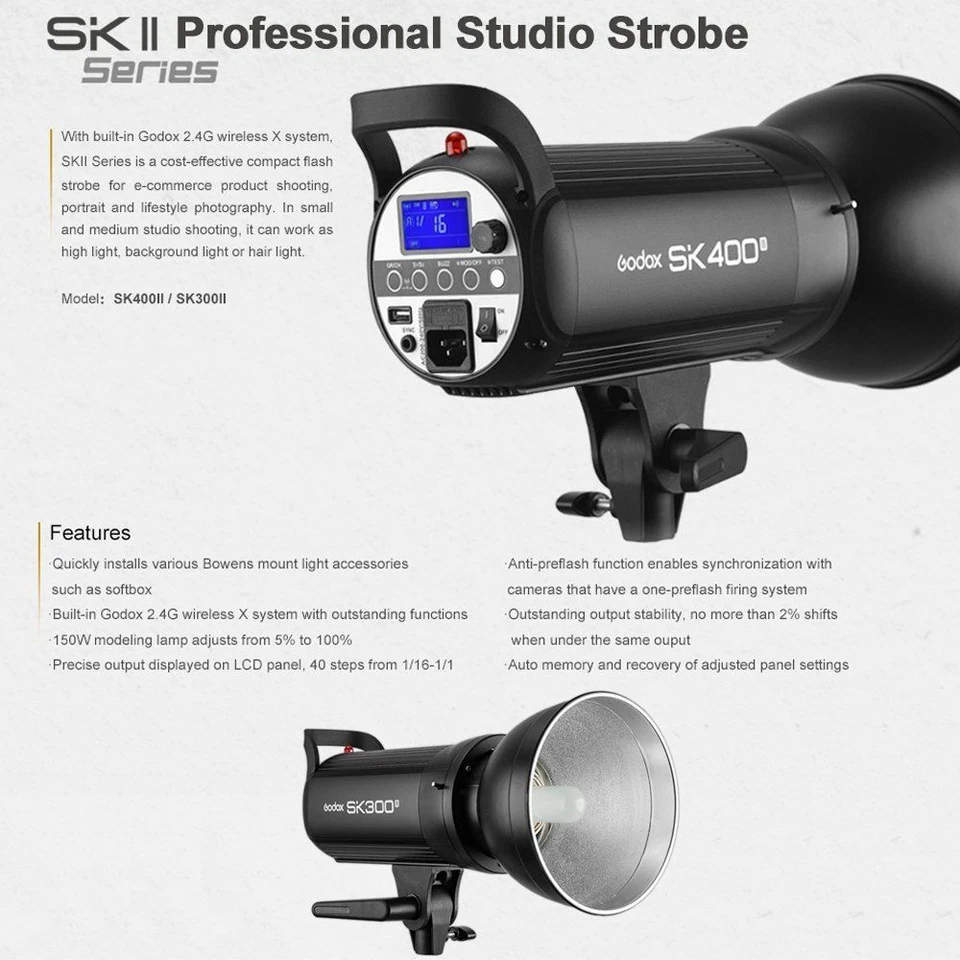 US Godox SK300II 300w GN58 Photo Studio Strobe Flash Light Head Trigger Kit 110V - Image 2 of 4