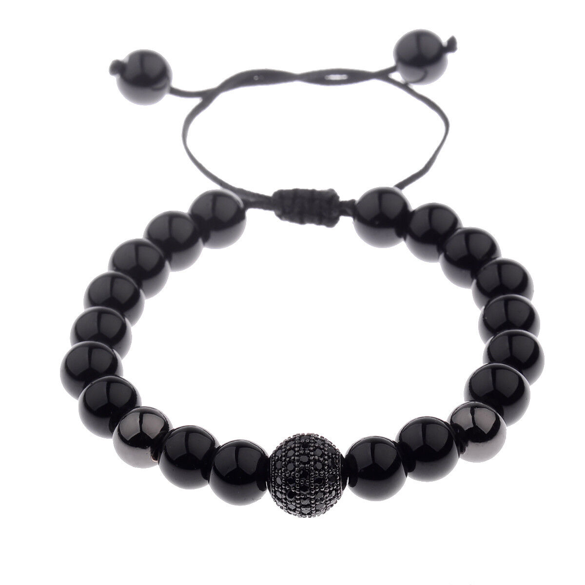 Men's Black Natural Stone Round Beaded Bright Zircon Micro Pave Bracelets Charm