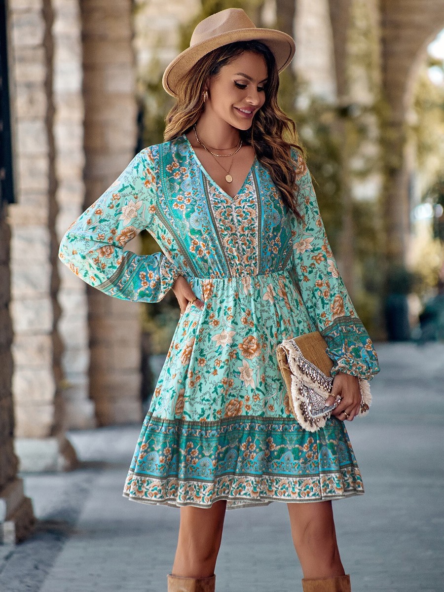 Ladies Bohemian Long Sleeve V-neck dress in multiple color options