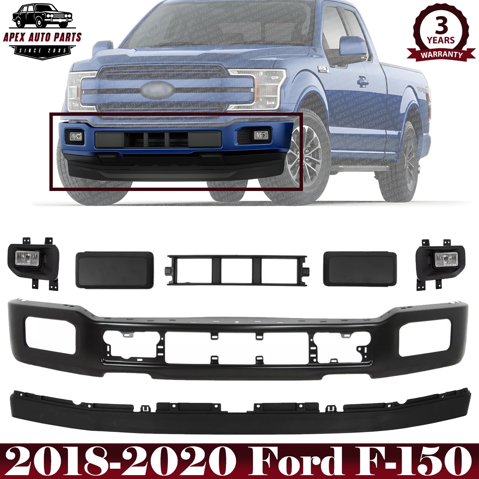Front Bumper Paintable & Fog Light Assembly Kit For 2018-2020 Ford F-150 Truck
