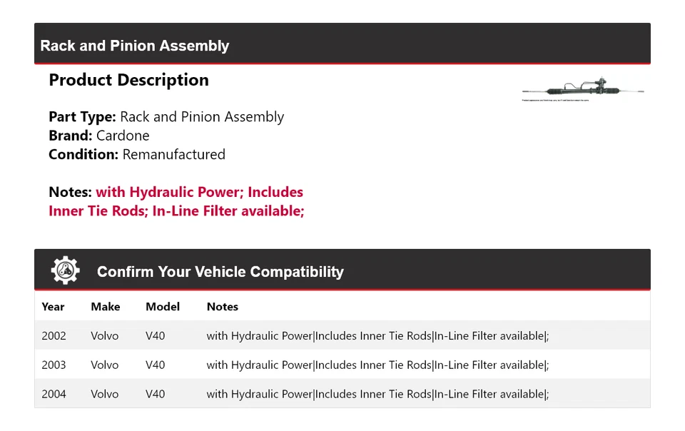 Montaje de piñón y cremallera para Volvo V40 2002-2004 Cardone 2003 Foto 2 de 4